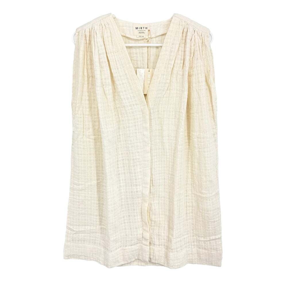 MIRTH Women One Size Gauze Tunic Top Sleeveless Lagenlook Beige Boxy V Neck NEW